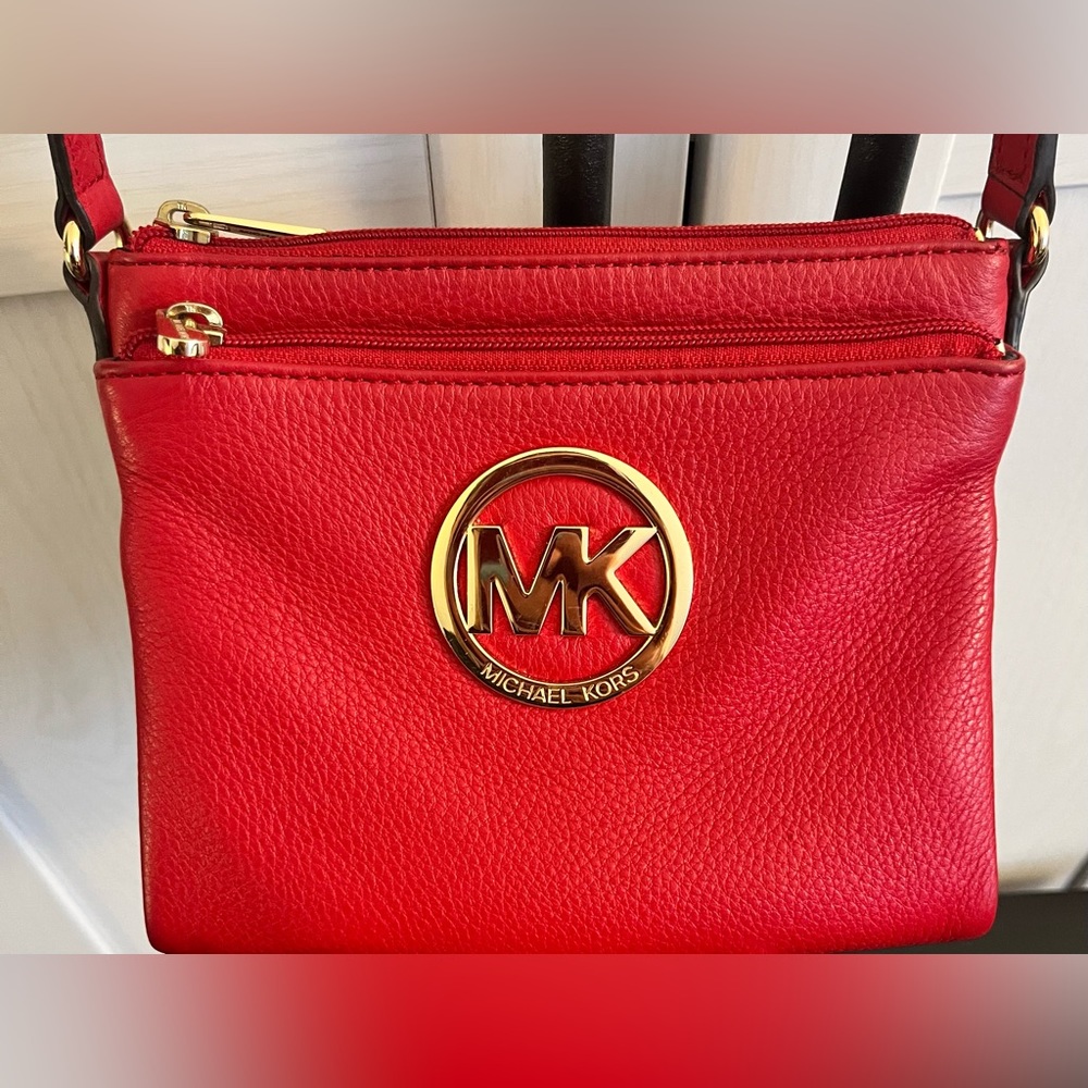 Red/gold Michael Kors crossbody. Authentic